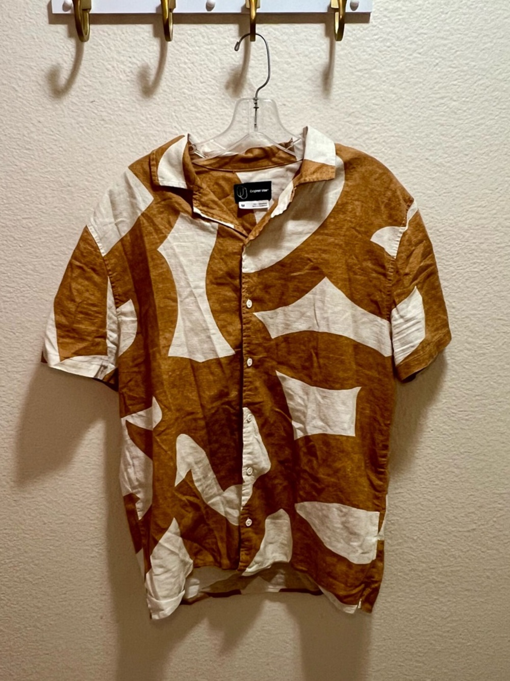 Original Use Men's Linen Cotton Mustard & White Short Sleeve Button-Down Shirt